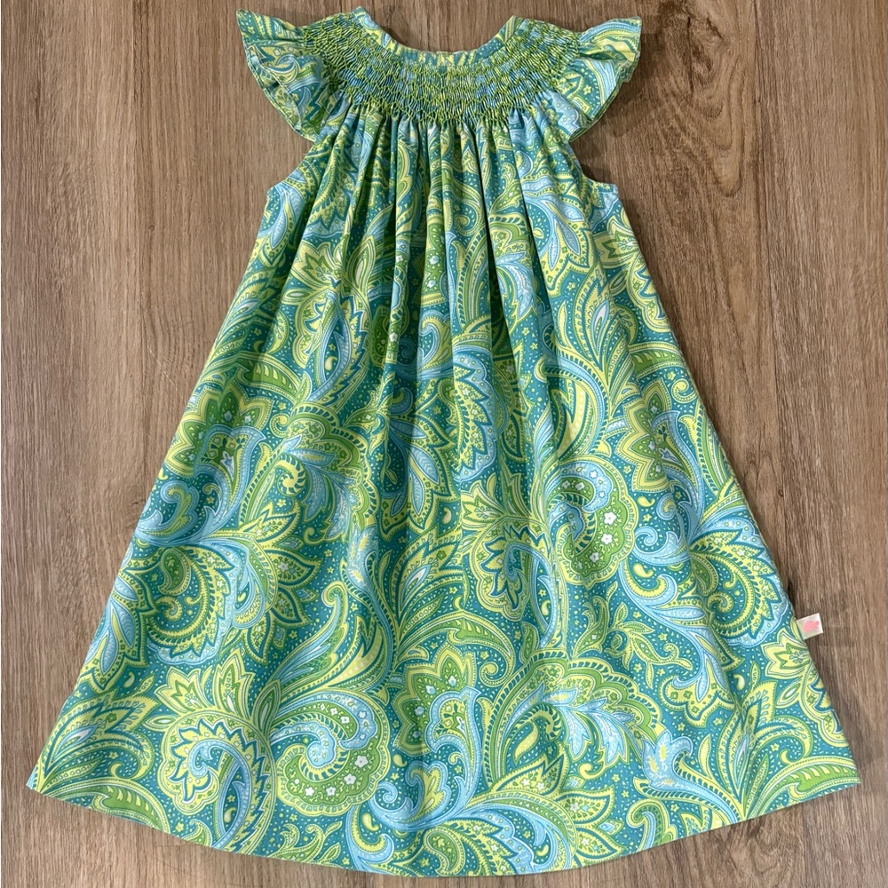 Lolly Wolly Doodle Smocked Dress in Green and Blue Paisley-size 2T